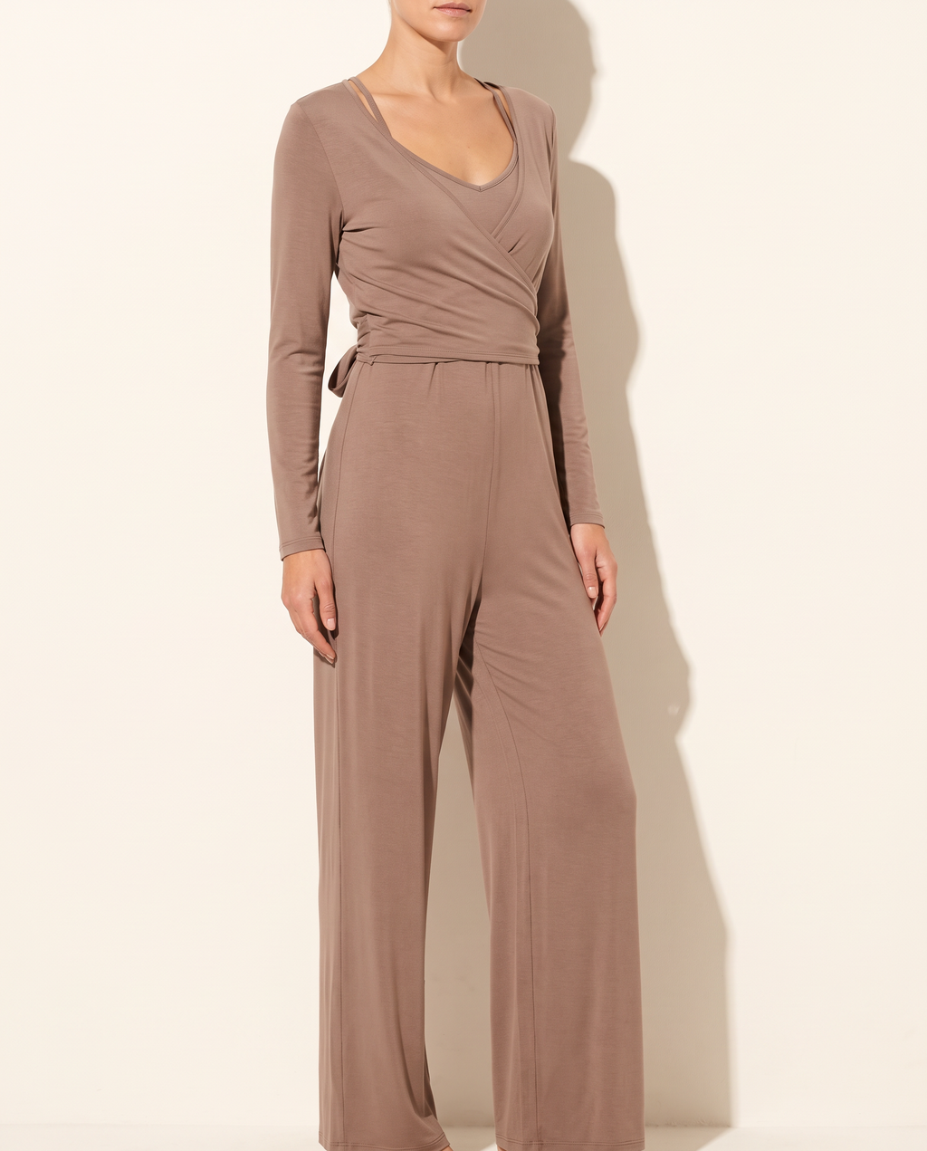 Wide Leg Jumpsuit & Long Sleeve Top Set in DK MOCHA — alternate front view