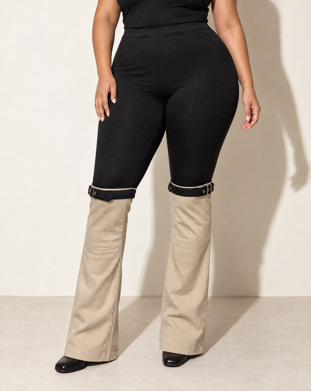 Plus Size Buckled Contrast Pants in BLACK/NUDE — alternate front view