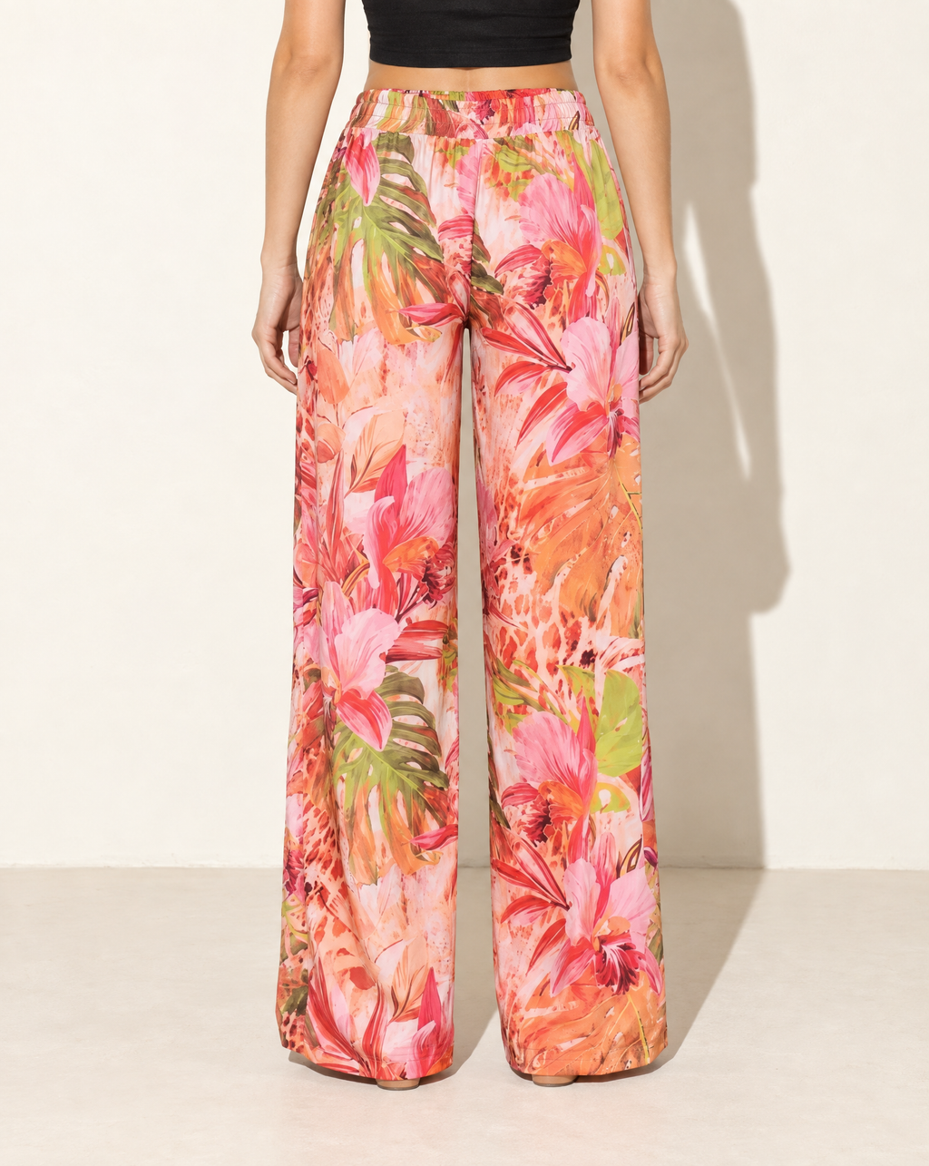 Printed Wide Leg Pants in Pink — back view