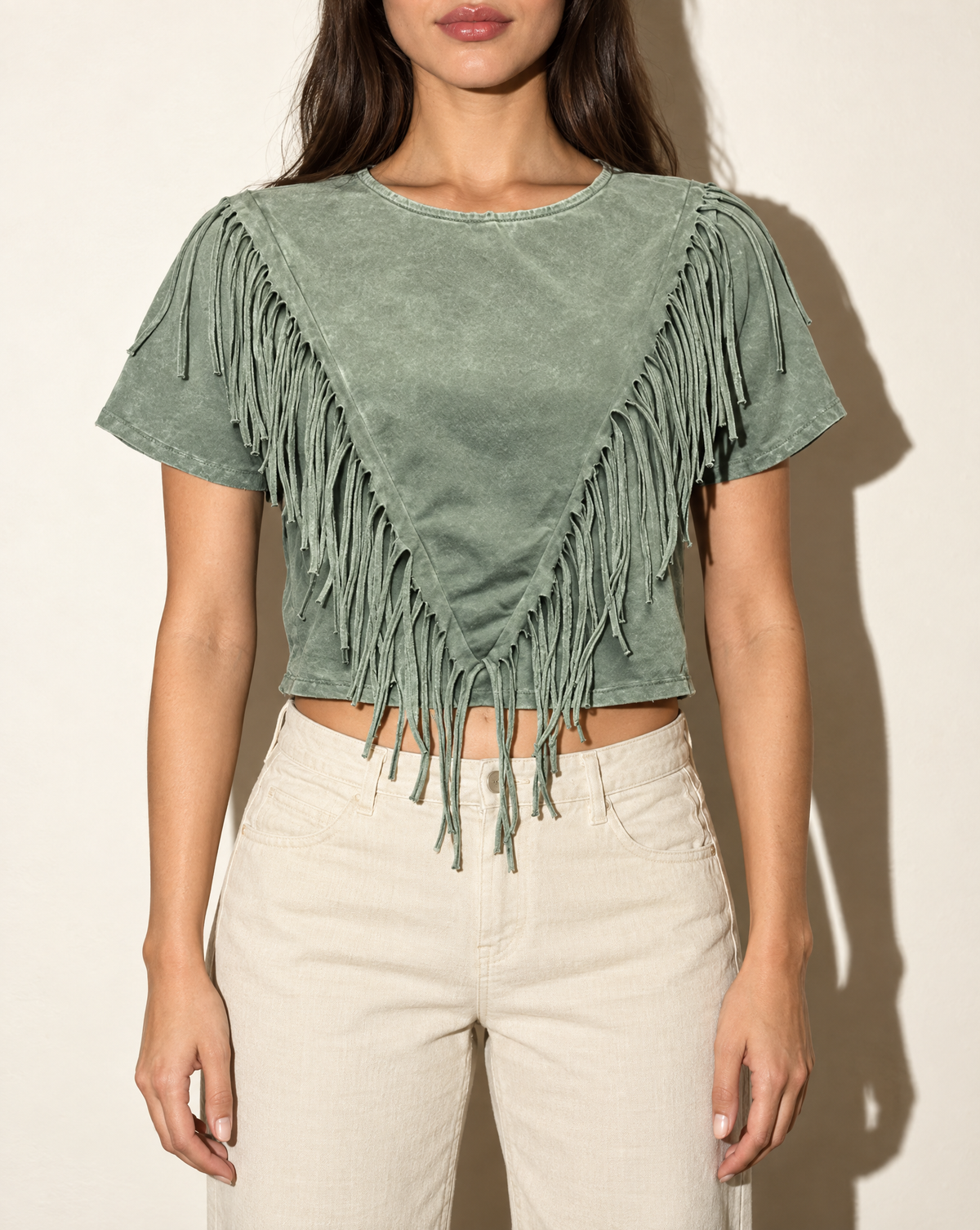 Fringe Detailed Top in Olive — front view