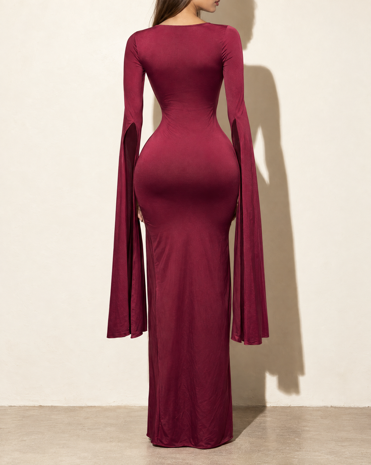 Flyaway Long Sleeve Maxi Dress in Burgundy — back view