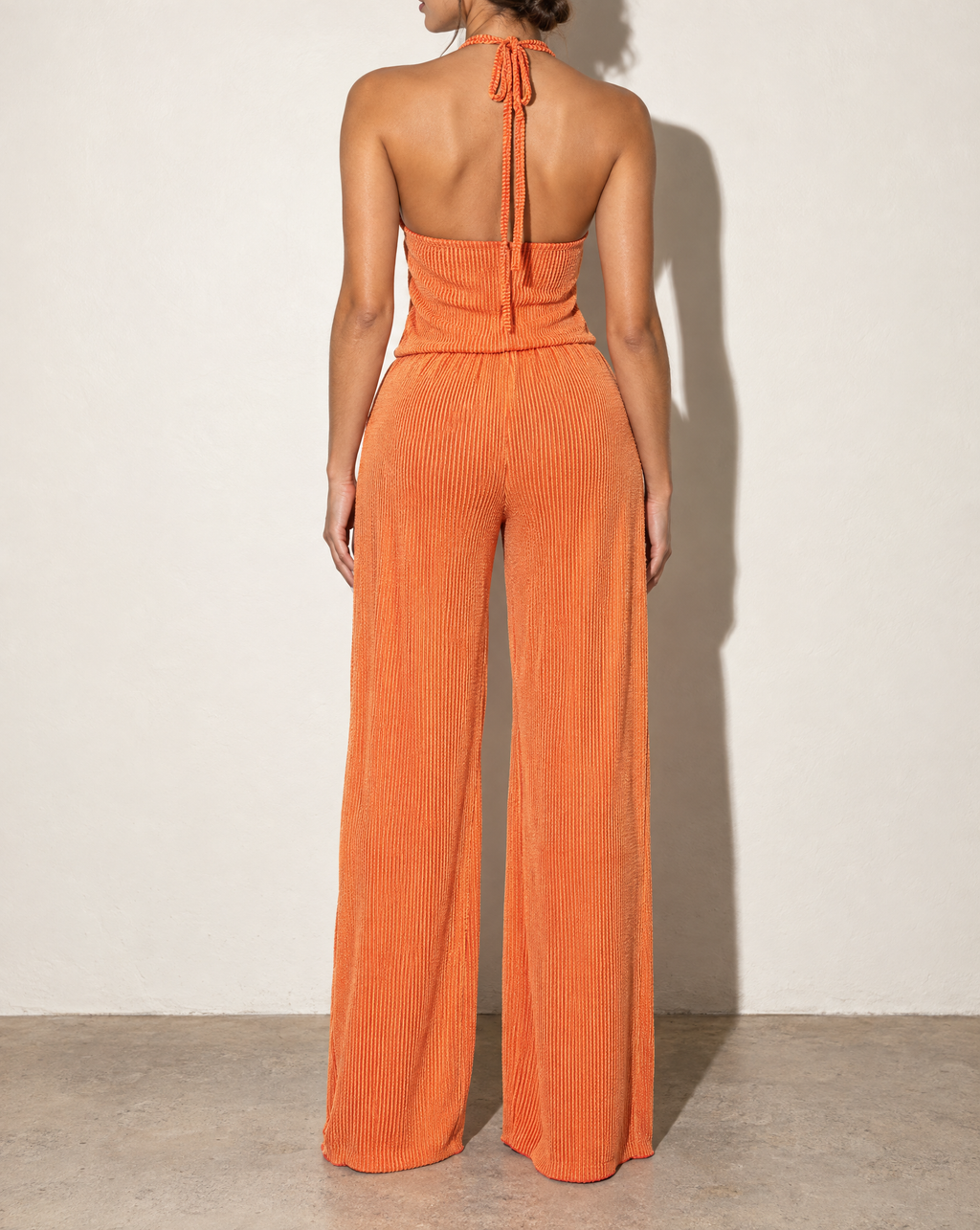 Strap Tied Neck Crop Top & Wide Leg Pants Set in Orange — back view