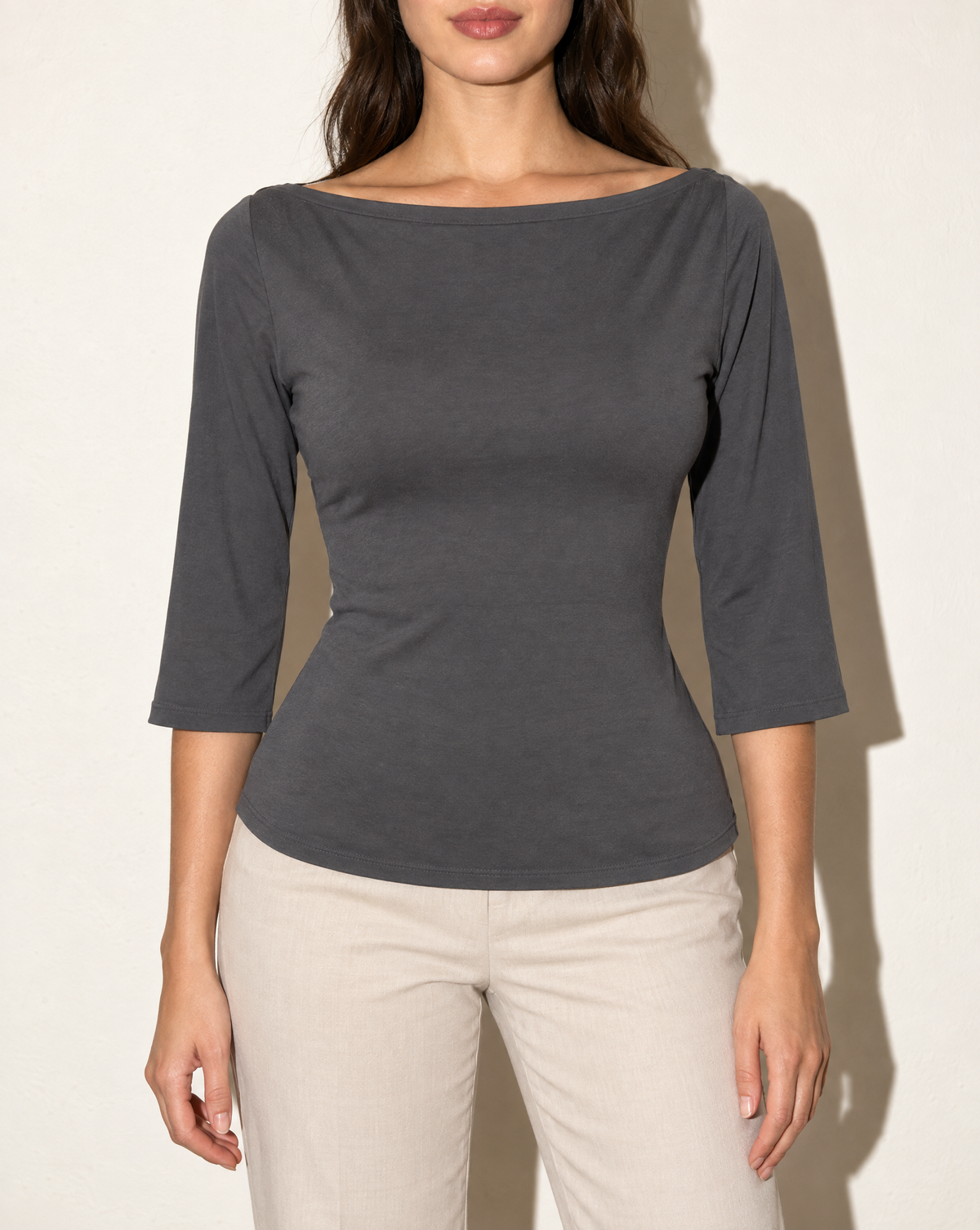 Boat Neck Three-Quarter Sleeve Top in CEMENT — front view