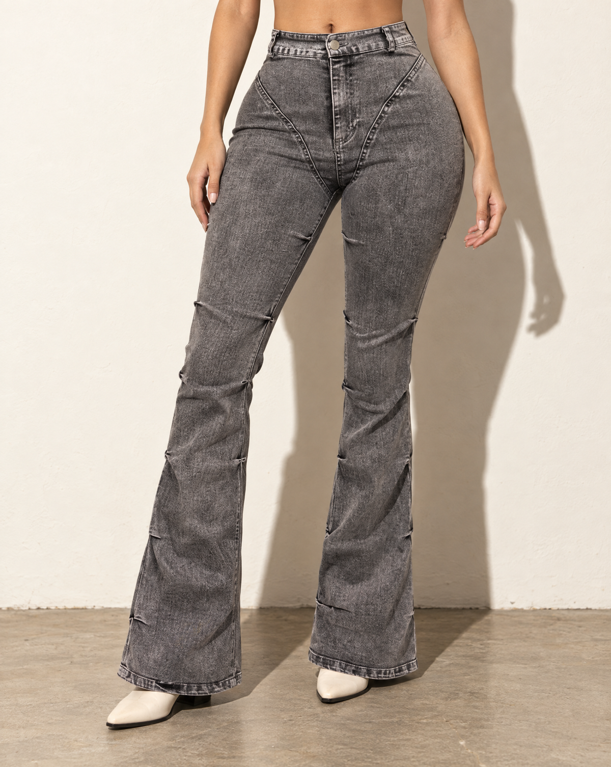 Pinched Bell Bottom Denim Pants in Grey — alternate front view