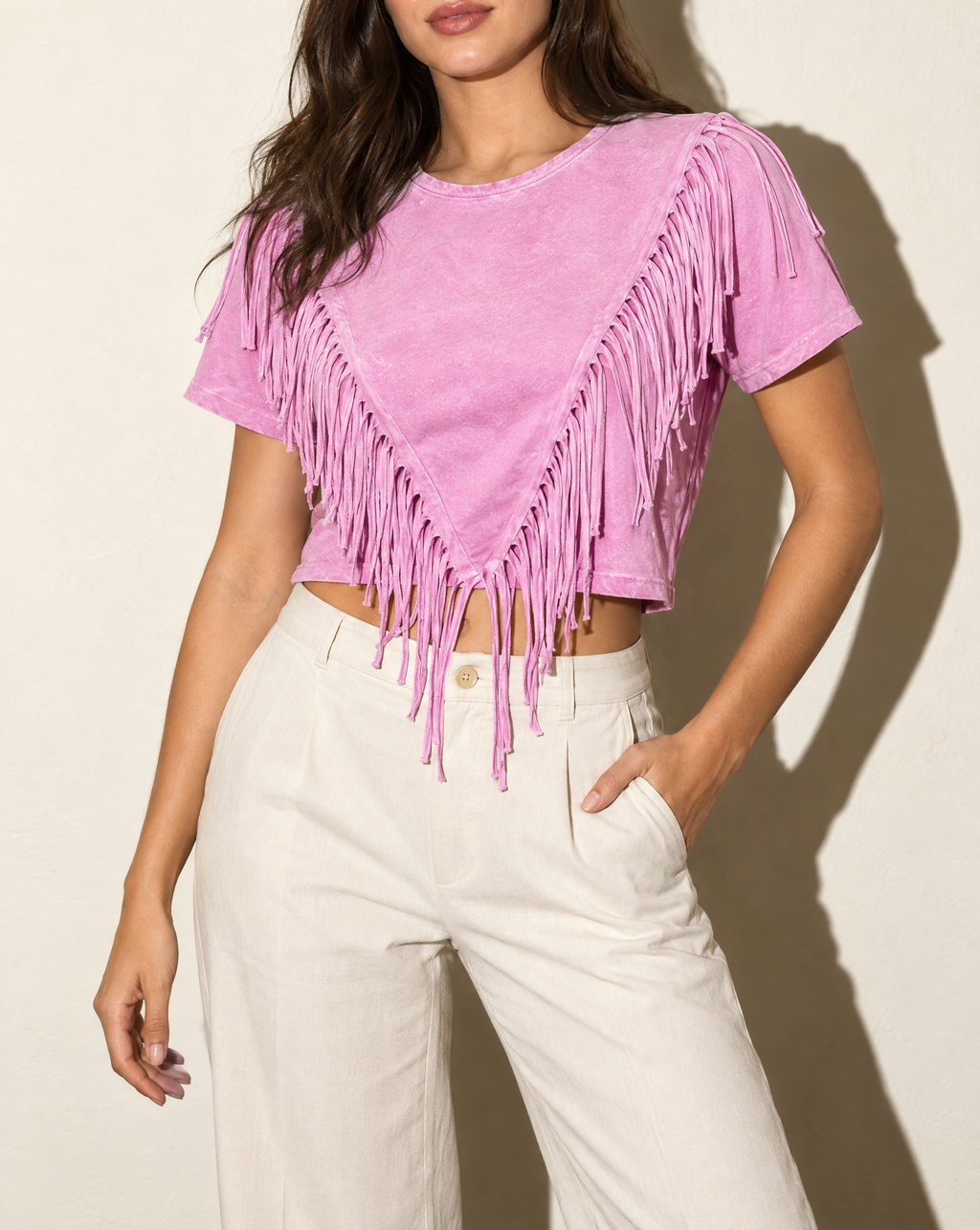 Fringe Detailed Top in Pink — alternate front view