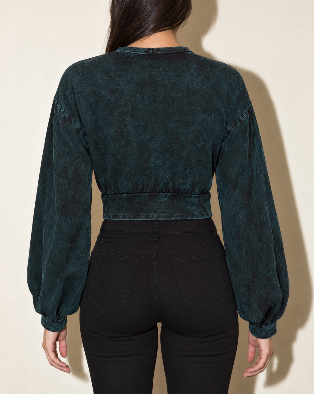 Washed Fringe Detailed Bubble Sleeve Top in DK TEAL — back view