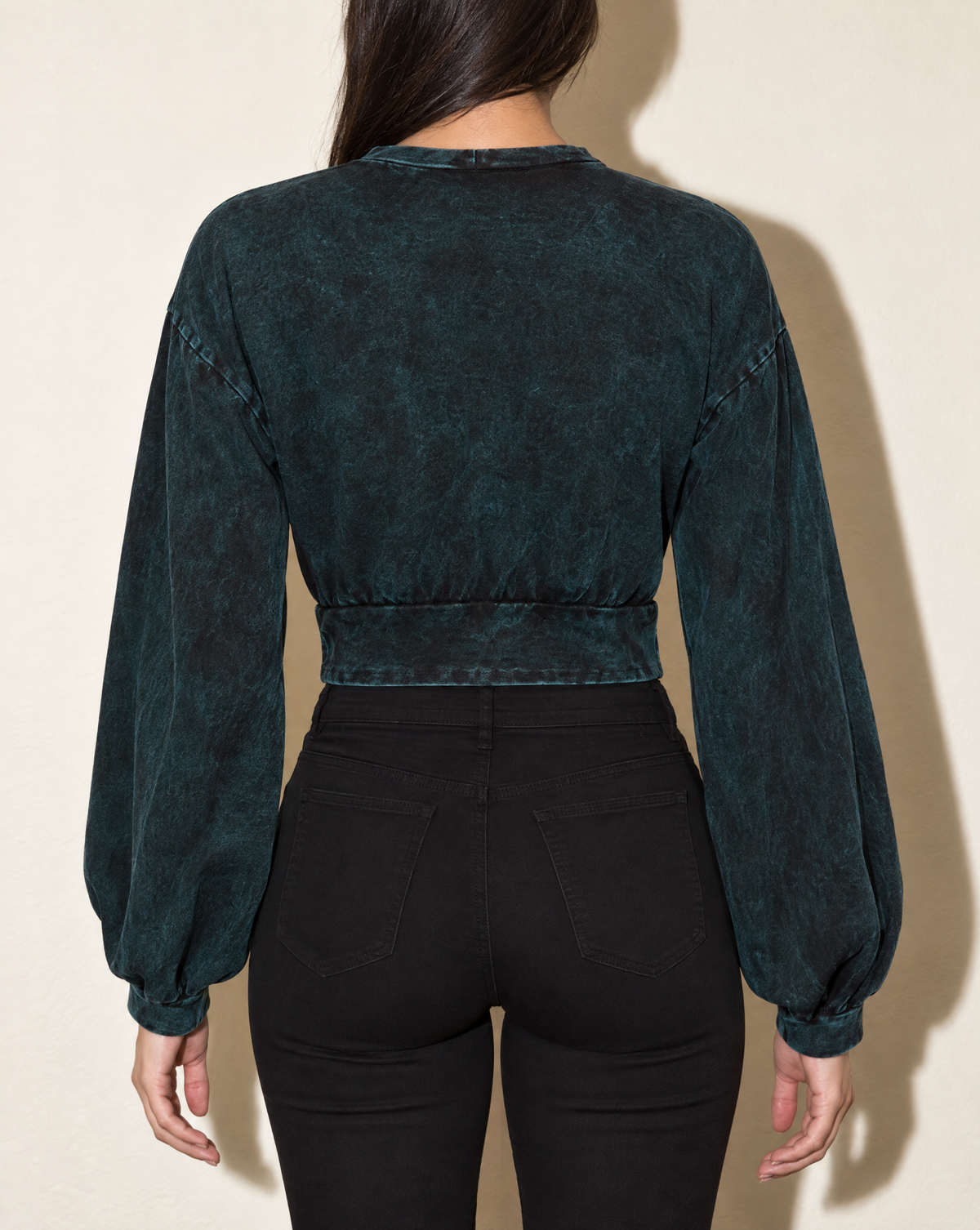 Washed Fringe Detailed Bubble Sleeve Top in DK TEAL — back view