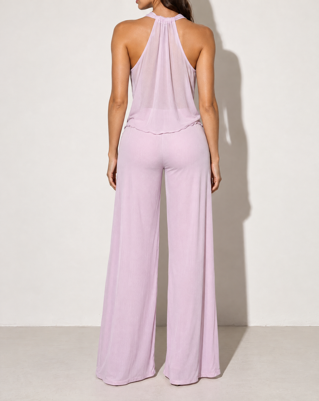 Deep Cowl Neck Sleeveless Top & Pants Set in ORCHID — back view