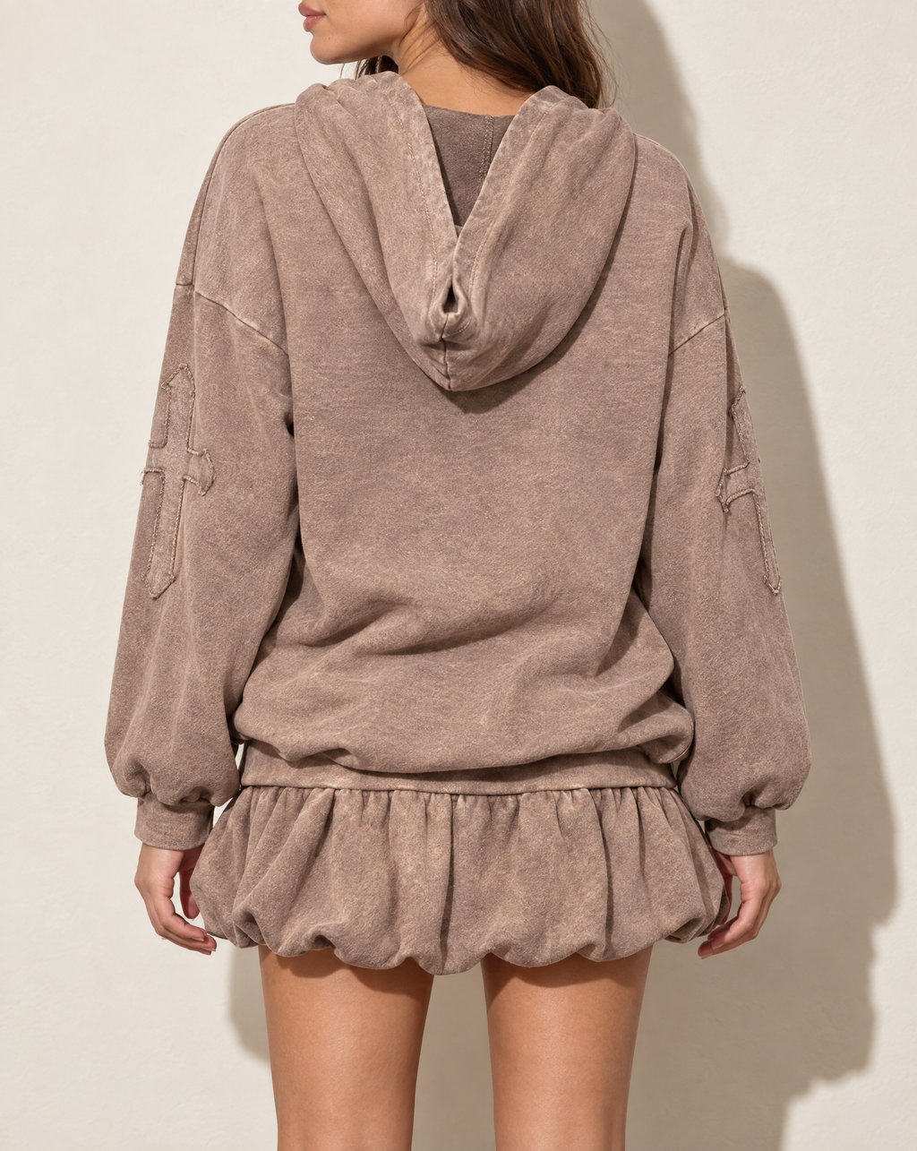 Holy Cross Hoodie & Blessed Bubble Skirt Set in Brown — back view