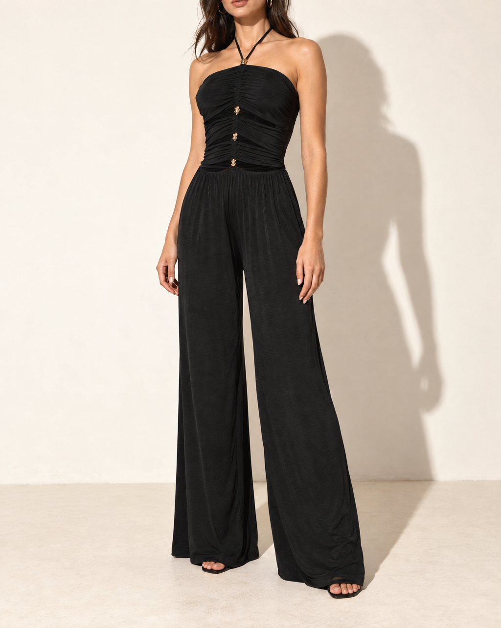 Cutout Front Wide Leg Jumpsuit in Black — alternate front view