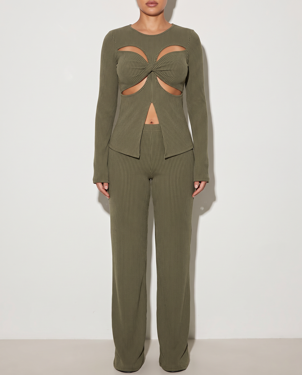 Twisted Front Cut Out Detailed Top & Pants Set in Olive — front view