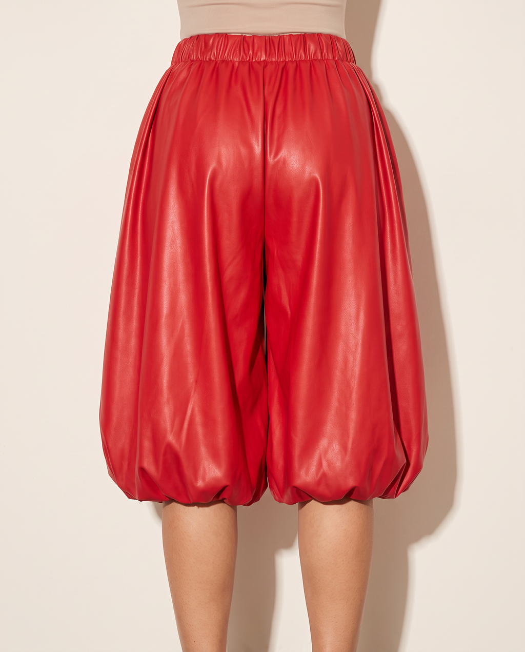 PU Bubble Capri Fashion Pants in Red — back view