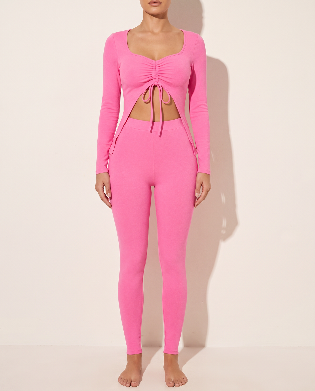 Ruched Drawstring Top Set in Pink — front view