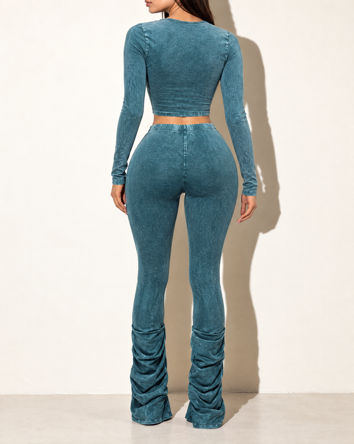 Mineral Washed Top & Ruched Hem Detailed Pants in Teal — back view