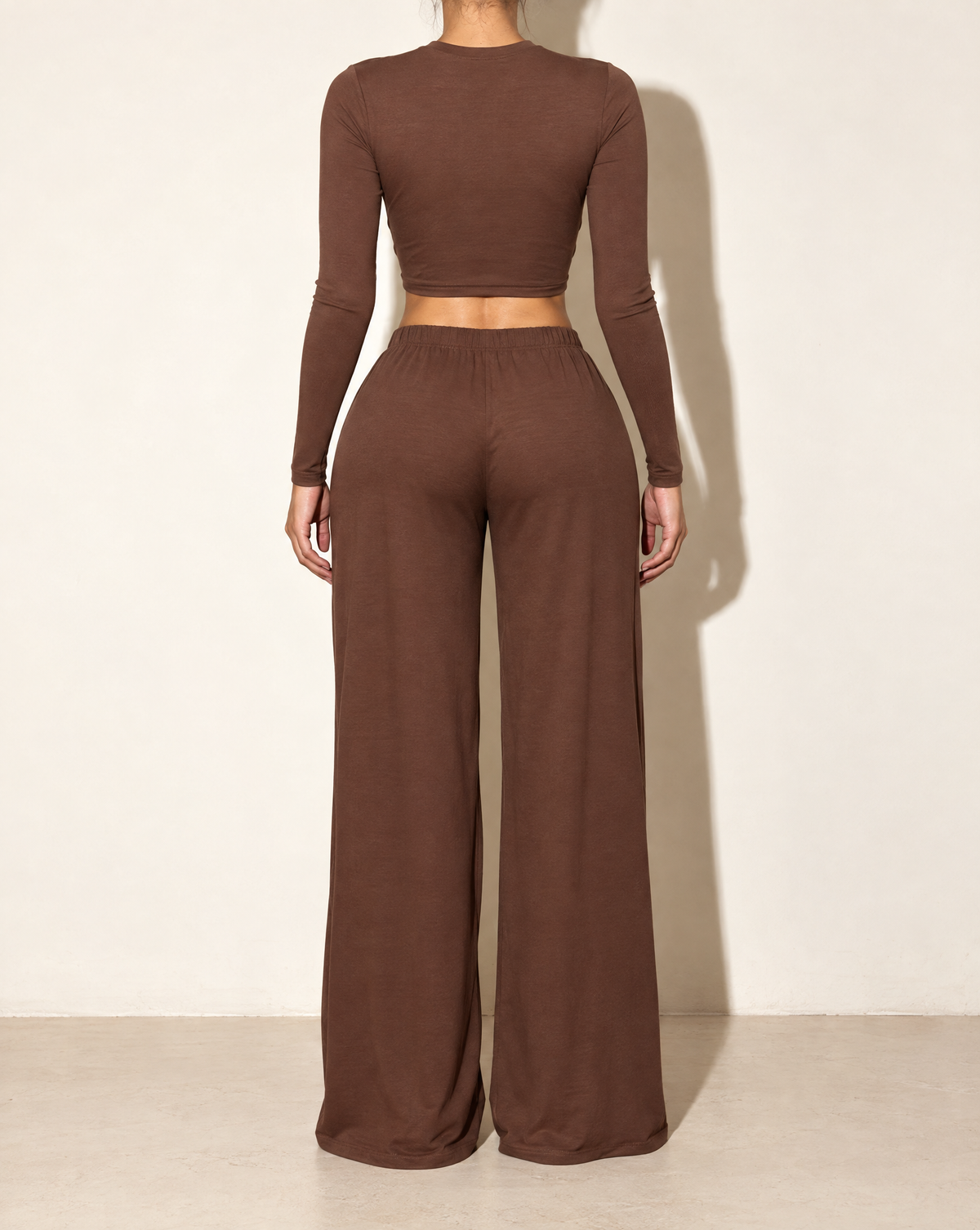 Long Sleeve Mid Top & Wide Leg Pants Set in Brown — back view