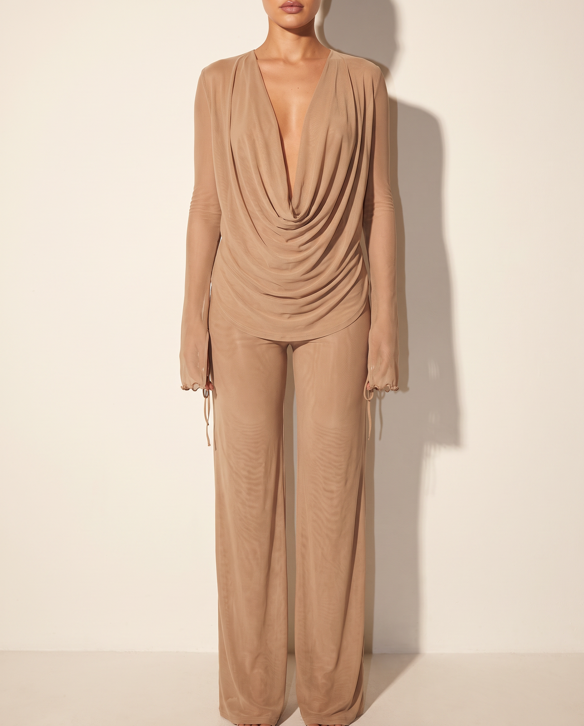 Cowl Neck Long Sleeve Top & Wide Leg Pants Set in NUDE — front view