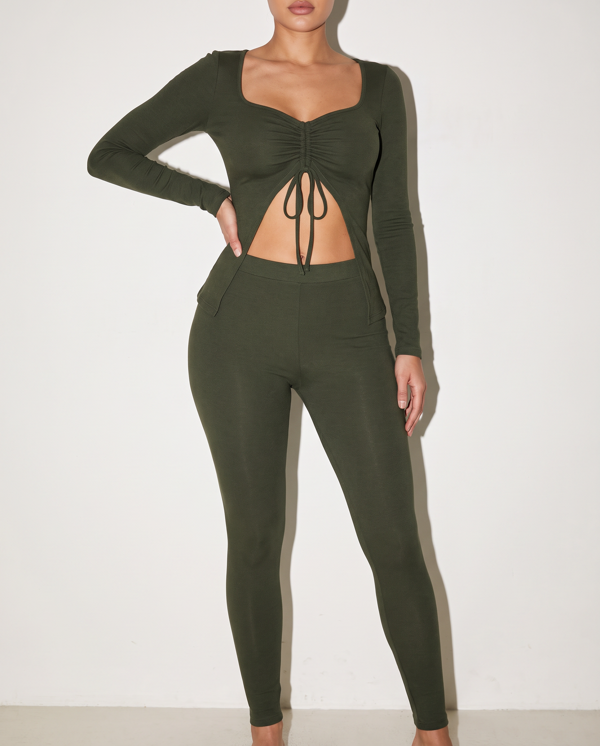 Ruched Drawstring Top Set in HUNTER — alternate front view