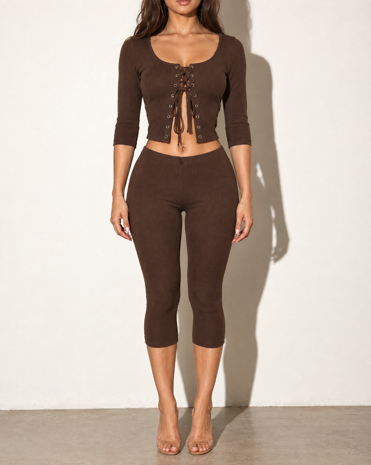 3/4 Sleeves Shoelace Closure Top & Capri Set in Brown — front view