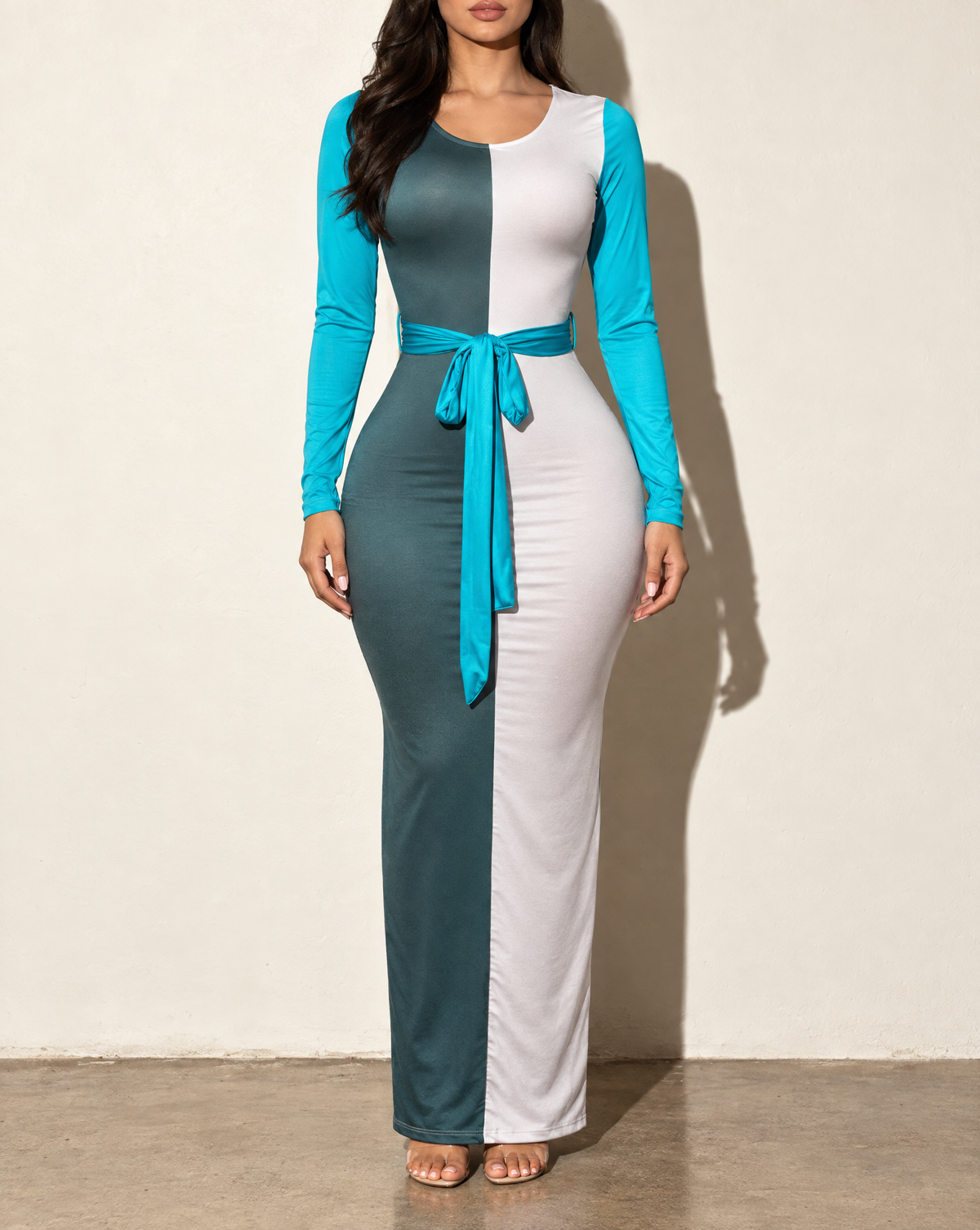 Long Sleeve Color Block Maxi Dress in TEAL COMBO — front view