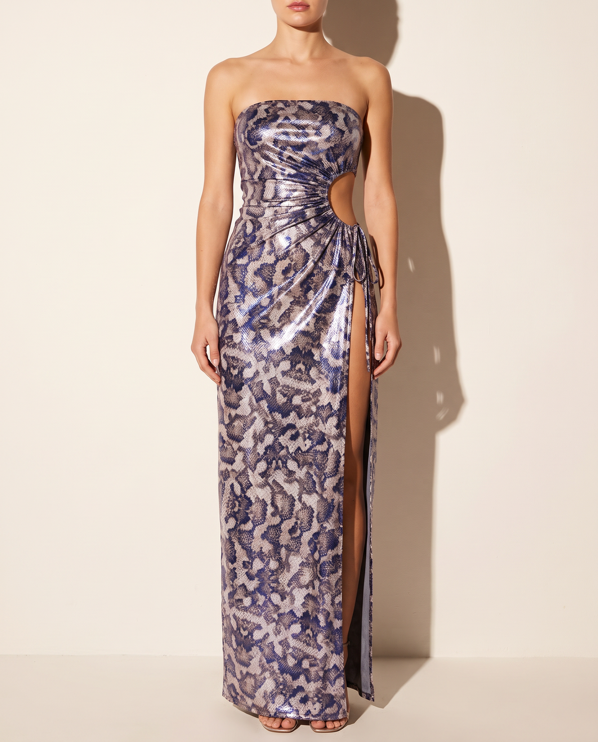 Foiled Snake Print Cutout Detailed Maxi Dress in Multi — front view