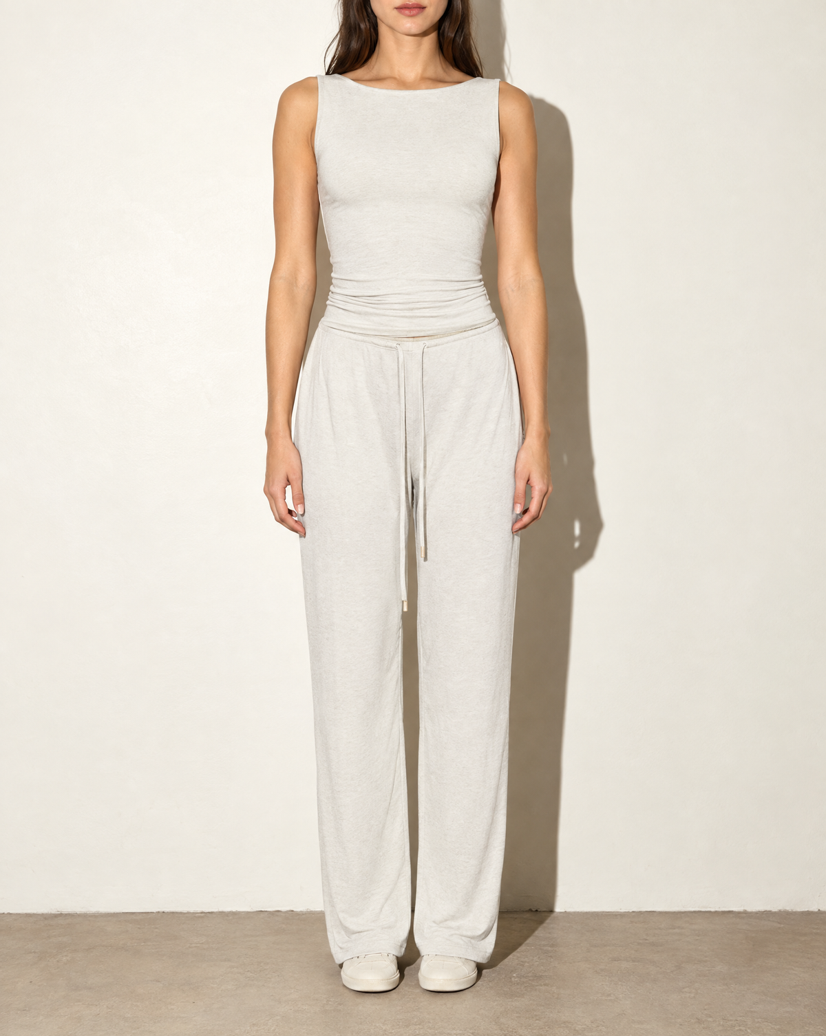 Sleeveless Top & Loose Fit Pants Set in HEATHER ASH — front view
