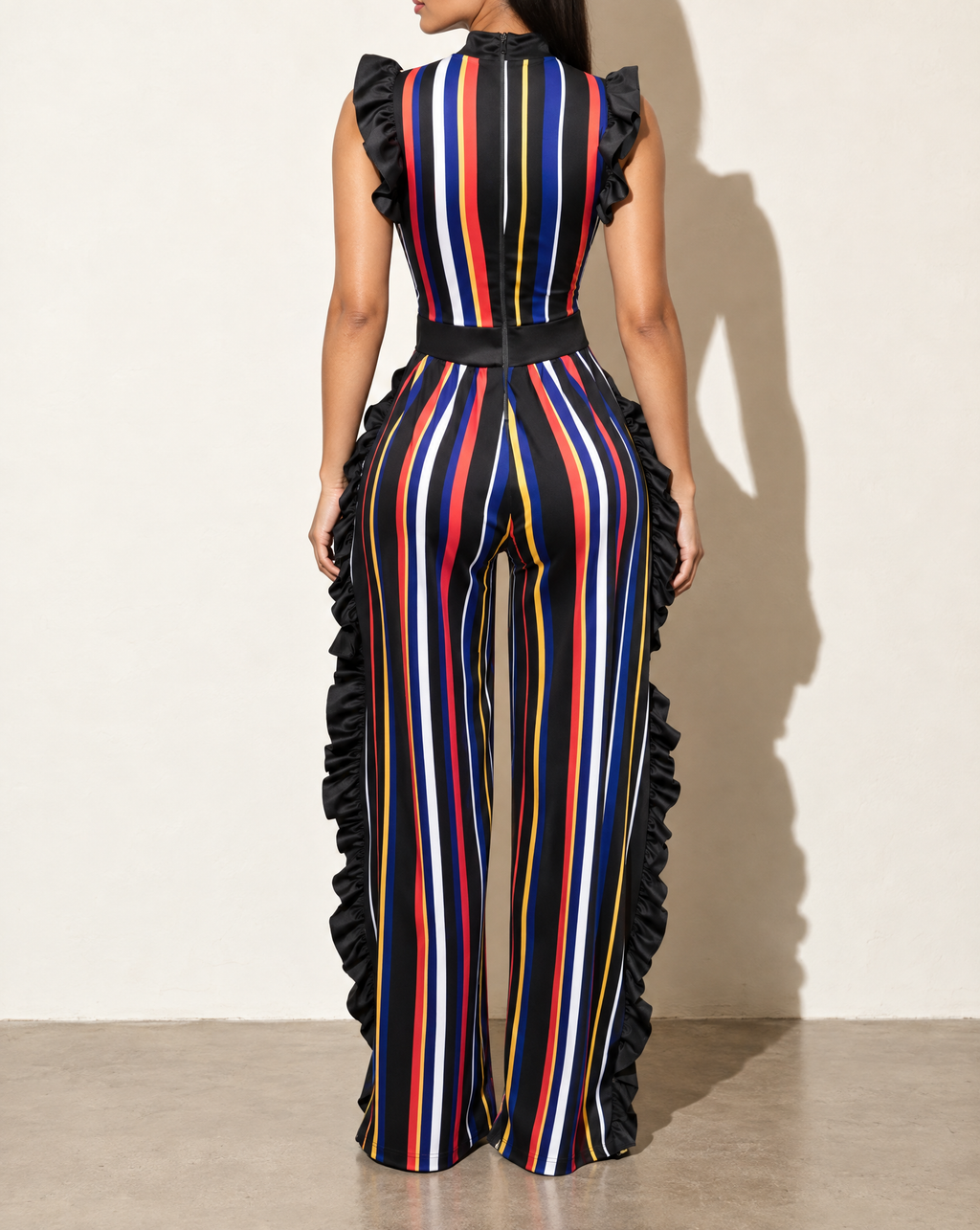 Color Striped Jumpsuit With Ruffle in Multi — back view