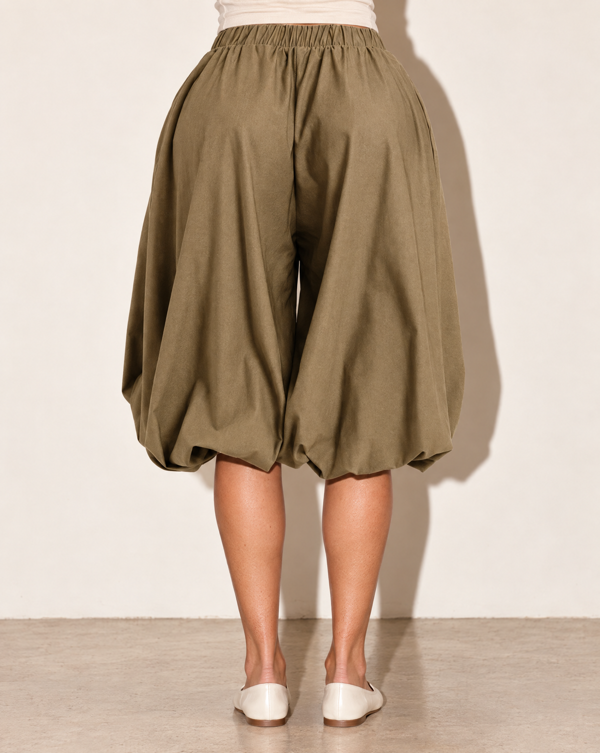 Wide Bubble Hem Capri Pants in LT MOCHA — back view