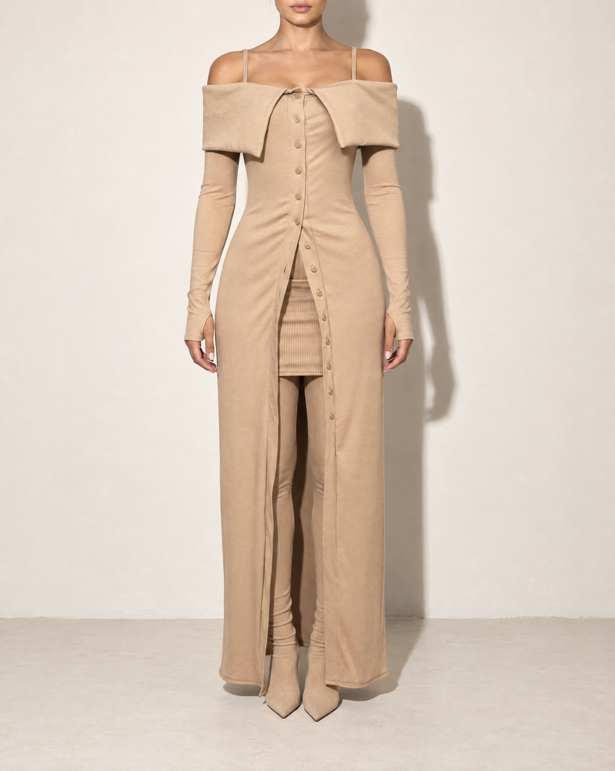 Long Length Off Shoulder Top & Skirt Leggings Set in CAPPUCCINO — front view