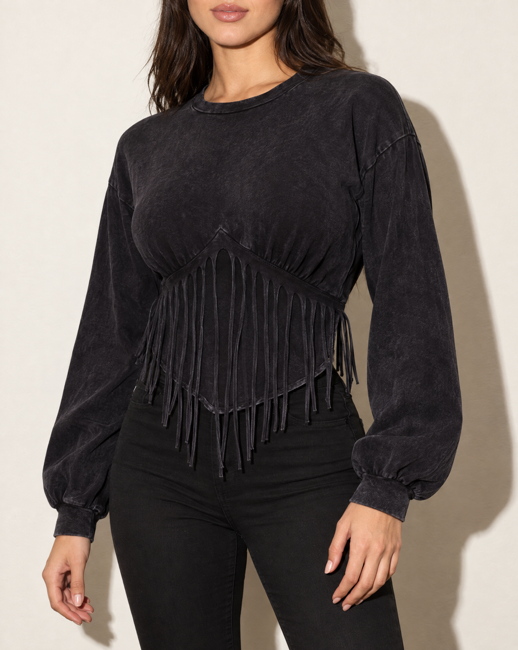 Washed Fringe Detailed Bubble Sleeve Top in DK NAVY — alternate front view