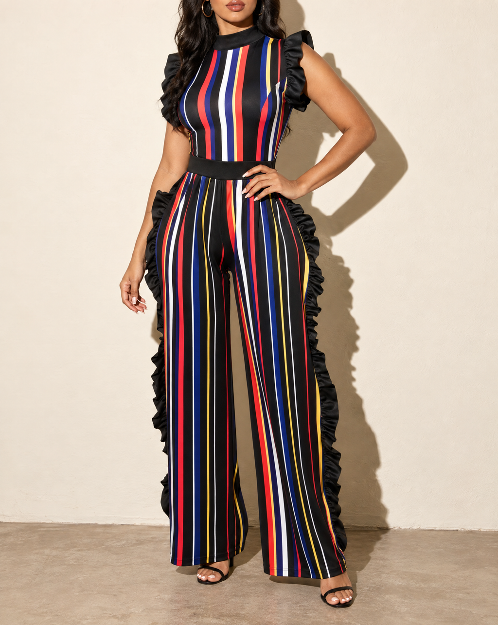 Color Striped Jumpsuit With Ruffle in Multi — alternate front view
