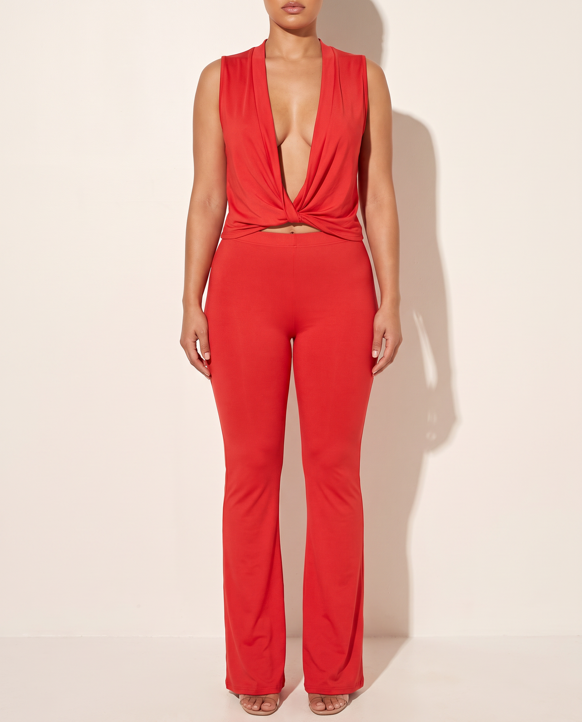 Deep Cowl Tank Top With Pant Set in Red — front view
