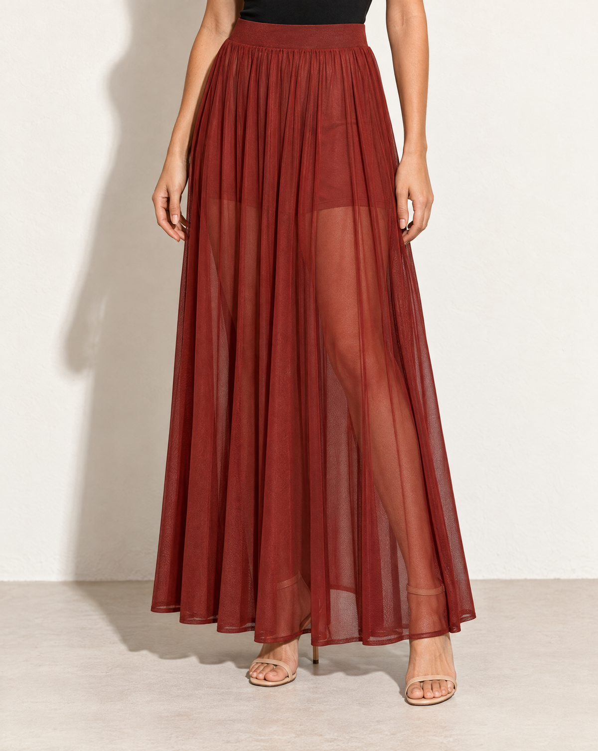 Sheer Mesh Maxi Skirt With Shorts Lining in Burgundy — alternate front view