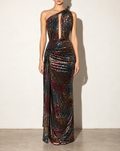 One Shoulder Cutout Detailed Maxi Dress in Multi — front view