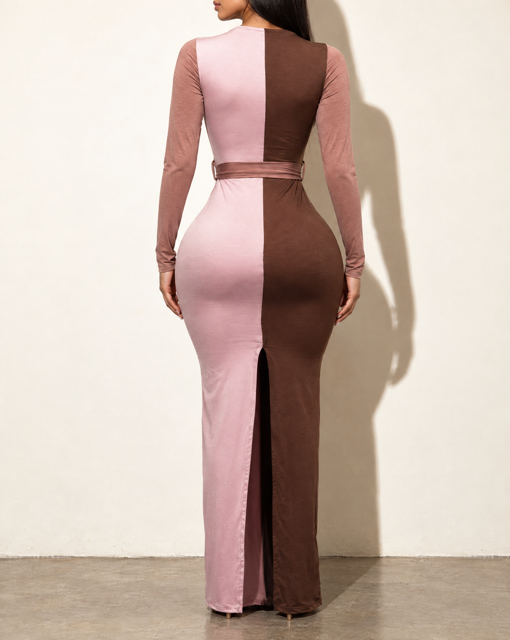 Long Sleeve Color Block Maxi Dress in BROWN COMBO — back view