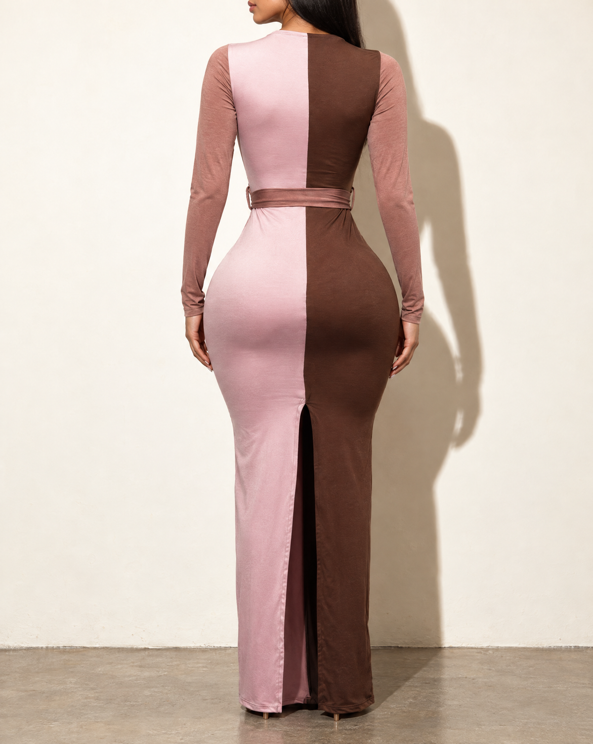 Long Sleeve Color Block Maxi Dress in BROWN COMBO — back view