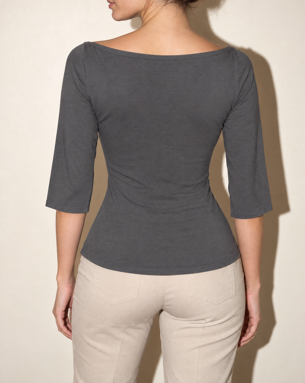 Boat Neck Three-Quarter Sleeve Top in CEMENT — back view