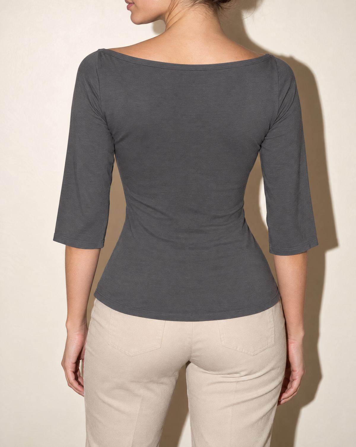 Boat Neck Three-Quarter Sleeve Top in CEMENT — back view
