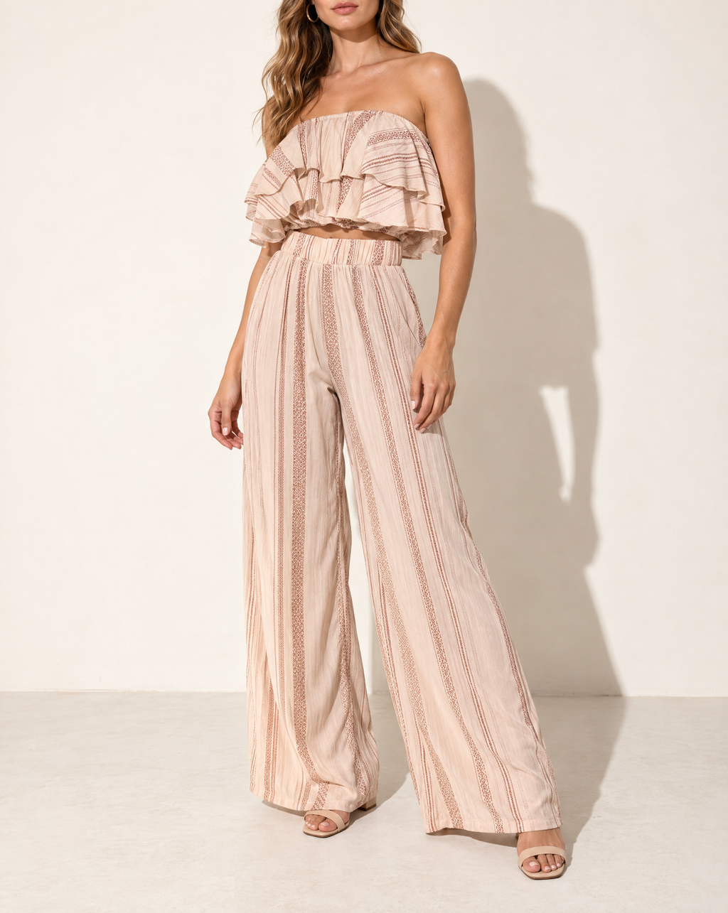 Ruffle Tube Top & Wide Leg Pants Set in CREAM COMBO — alternate front view