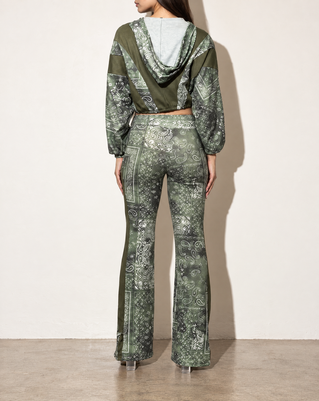 Batwing Hooded Top & Pants Set in OLIVE COMBO — back view