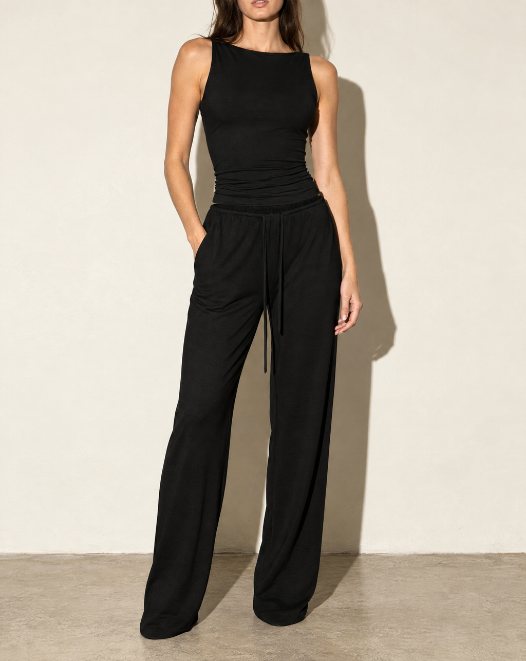 Sleeveless Top & Loose Fit Pants Set in Black — alternate front view