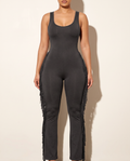 Sleevess Side Fringe Jumpsuit in Black — front view