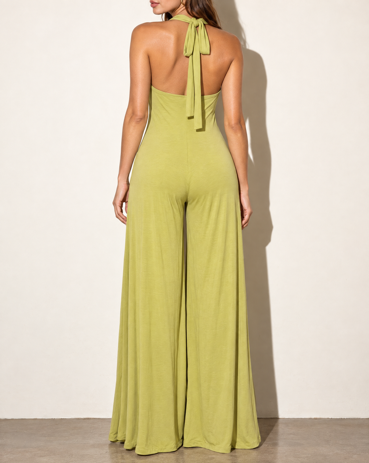 Wide Leg Halter Jumpsuit in AVOCADO — back view