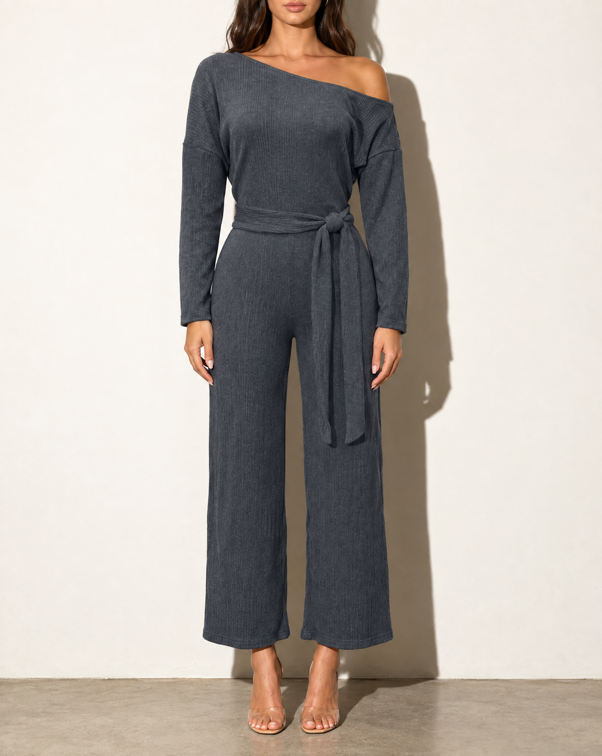 Off Shoulder Long Sleeve Top & Pants Set in Charcoal — front view