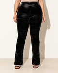 Plus Size Velvet PU Ruched Pants in Black — front view
