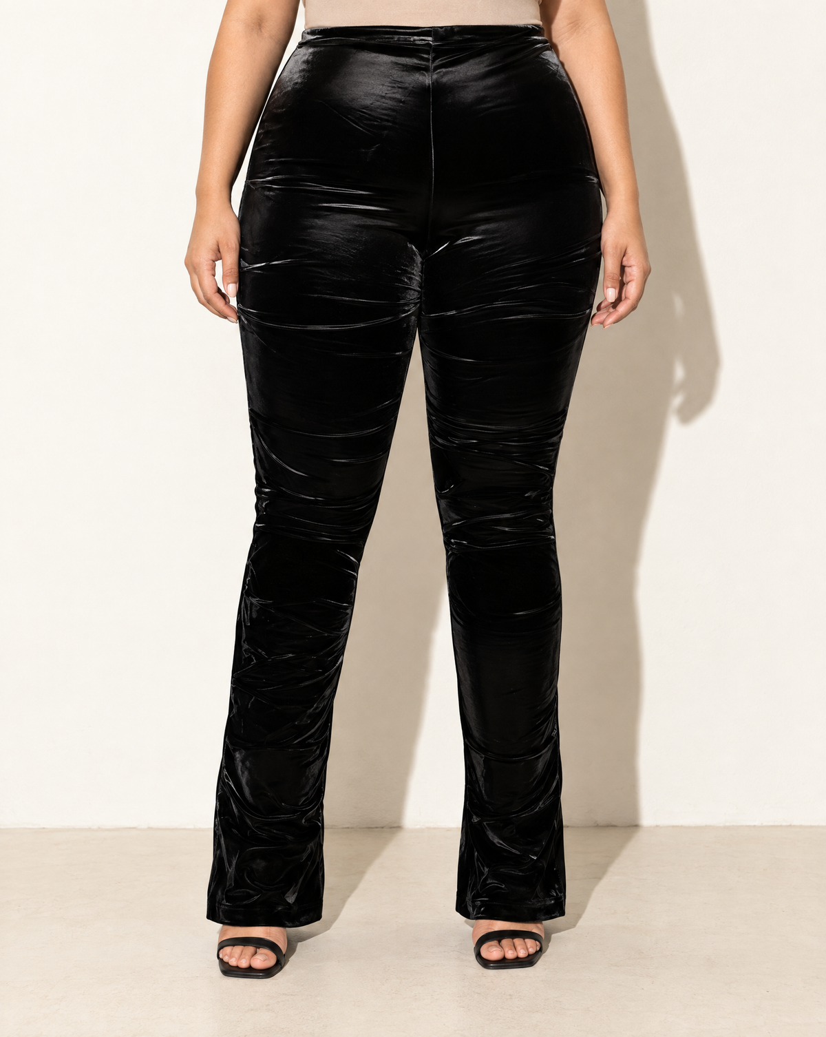 Plus Size Velvet PU Ruched Pants in Black — front view