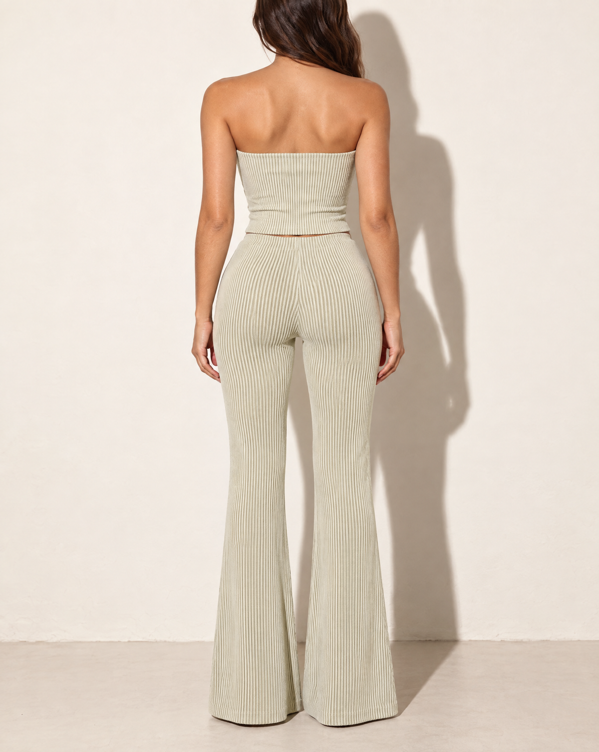 Rib Tube Top & Long Pants Set in CELERY — back view
