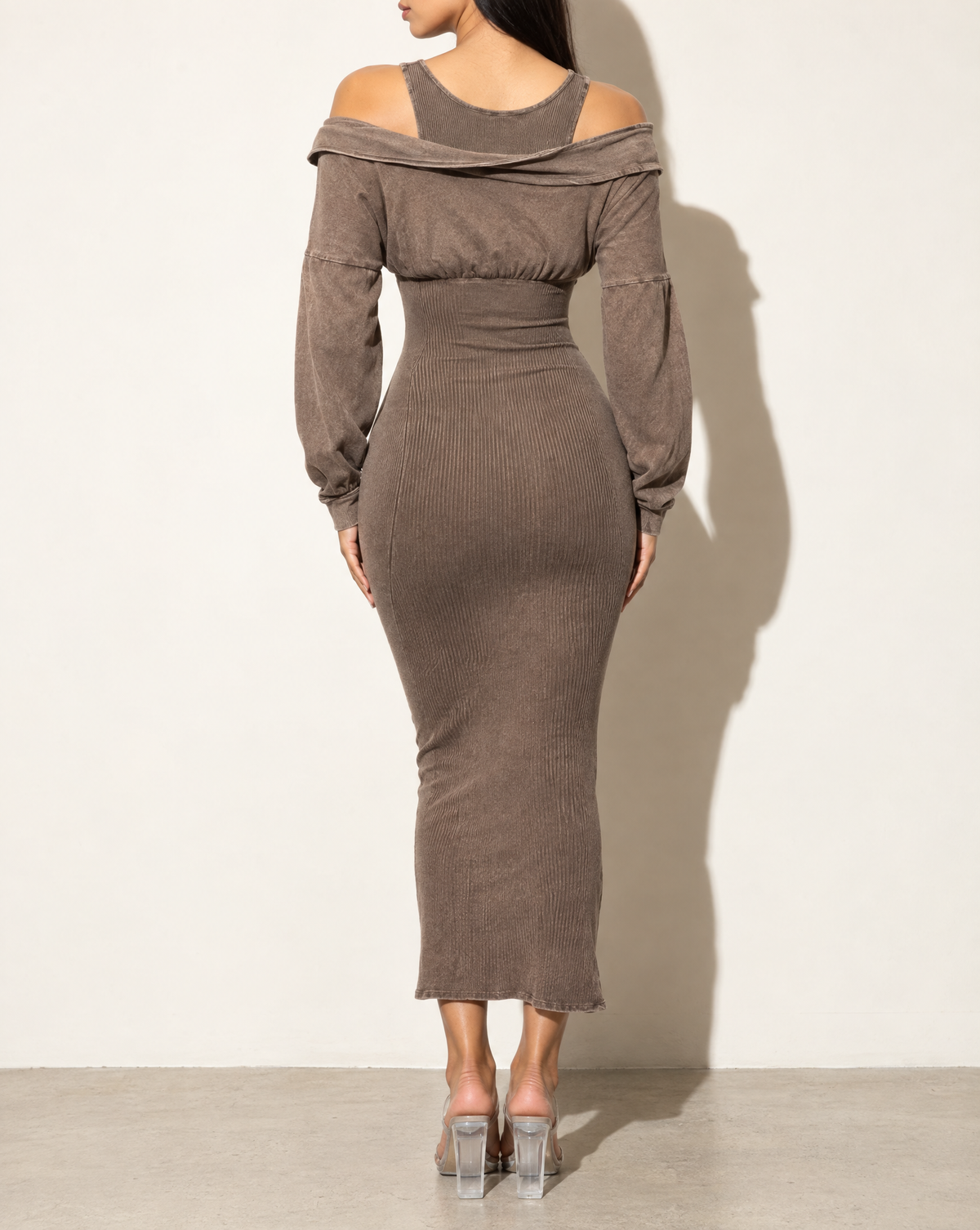 Mineral Washed Long Sleeve Maxi Dress in Brown — back view