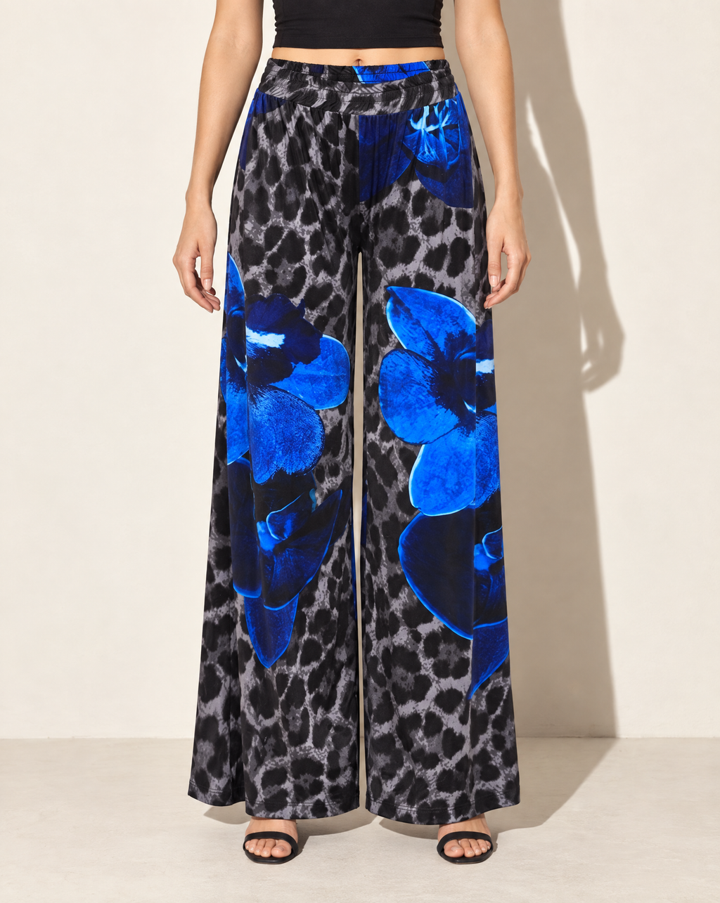 Printed Wide Leg Pants in Blue Multi — front view