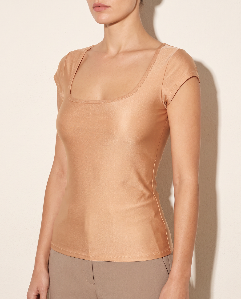 Cap Sleeves Scoop Neck Bodycon Top in NUDE — alternate front view