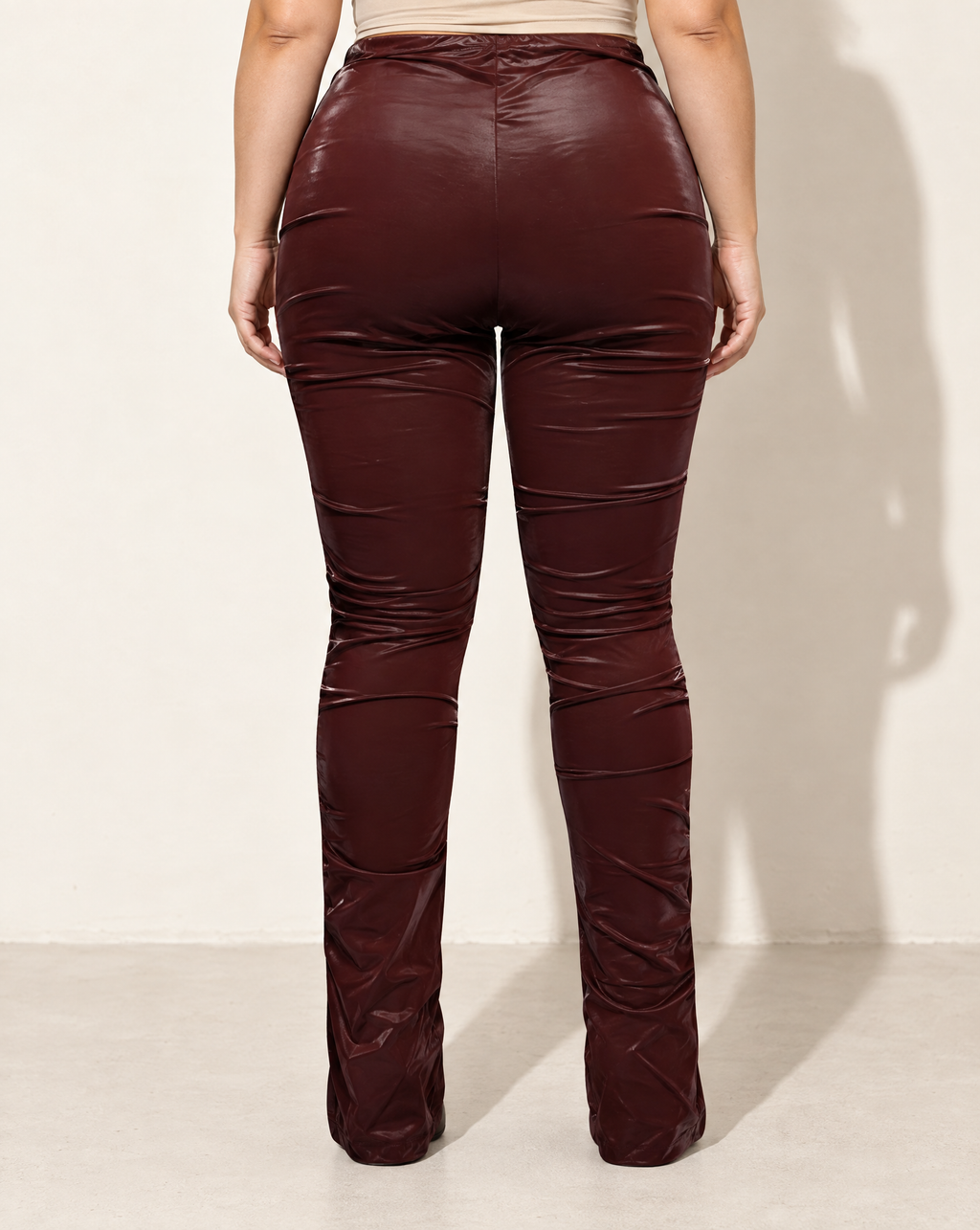 Plus Size Velvet PU Ruched Pants in Burgundy — back view